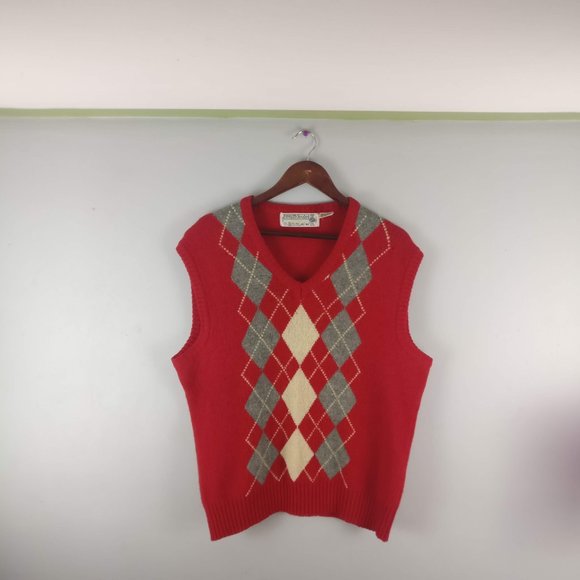 Argyle Vest, Vintage Oversized 100%Shetland Wool knit Sweater Vest XL Pit2pit=26 - Picture 2 of 7